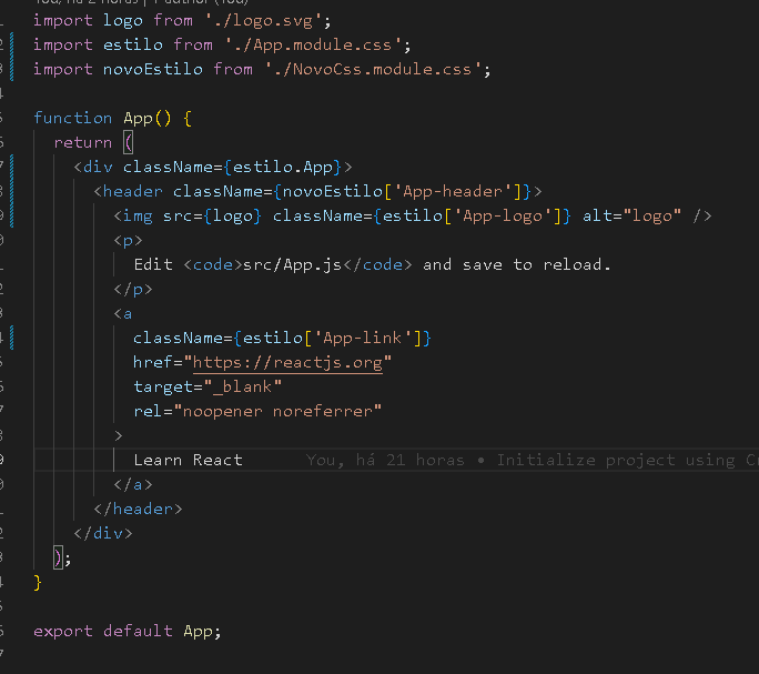 print do código de como fica adicionando CSS module.
