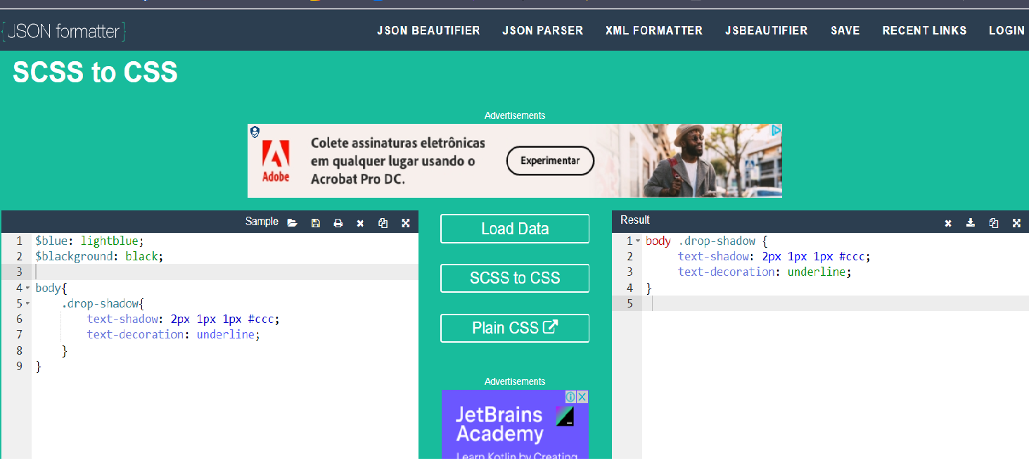 print do site que faz a conversão de sccs para css.