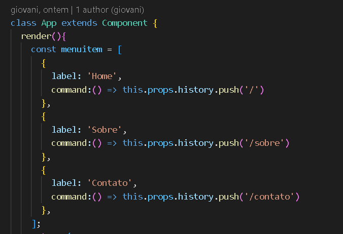print do código, mostrando como foi feito o App.js, a parte da classe