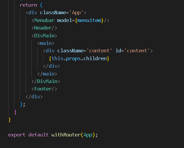 print do código, mostrando como foi feito o App.js, a parte do retorno da classe