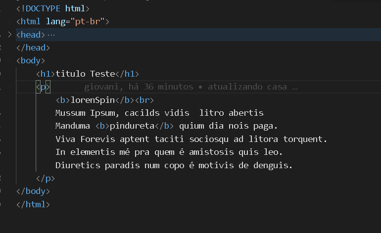 print do código no VScode, de html simples para testar o puglin para converter sass para css.