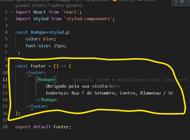 print do código, mostrando como foi feito o footer.js, destacando a variável Footer