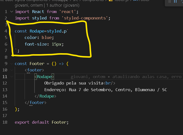 print do código, mostrando como foi feito o footer.js, destacando a variável Rodape
