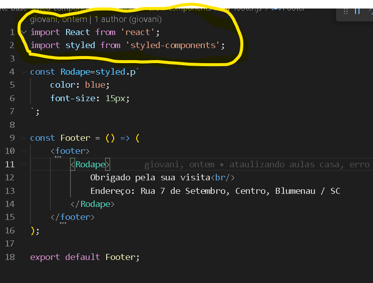 print do código, mostrando como foi feito o footer.js, destacando os import