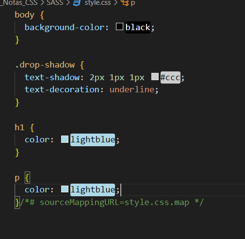 print do código no VScode, do style.css que foi convertido do scss.