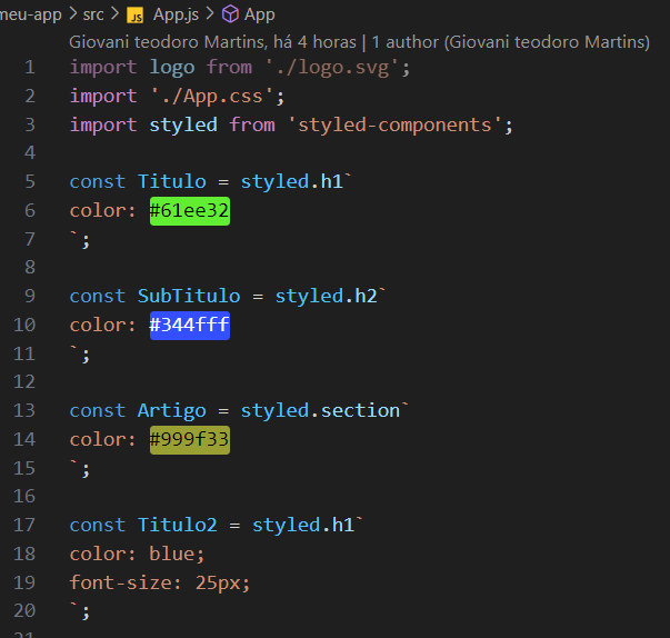 Print do código do styled, parte do html, mostrando as variáveis constantes.