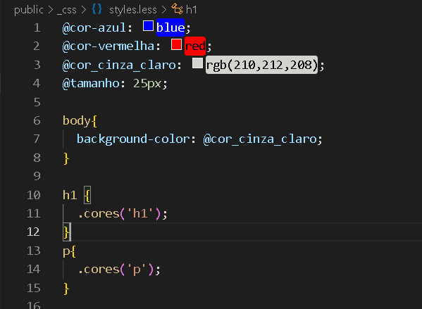 print da tela do VScode, do código style.less parte 1